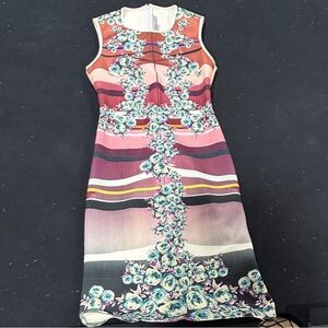 Clover Canyon Pink and Coral Striped Floral Midi Sheath Dress